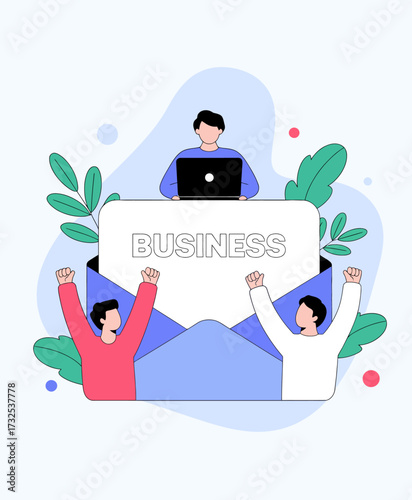 An energetic illustration showcasing diverse teammates enthusiastically interacting around an envelope, conveying the essence of successful business communication and partnerships.