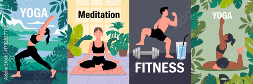 A vibrant illustration depicting various yoga poses and fitness activities emphasizing health, fitness, and inner peace within a lush and serene natural environment.
