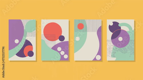 Four Abstract Geometric Square Designs with Retro Color Palette and Shadow Effects vector illustration