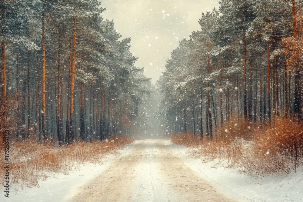 Obraz premium Snow-covered road winding through a forest in winter.