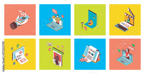 Blogging concept of 3d isometric icons set. Pack with creating video content, making new posts in social media, writing articles, connecting with audience, attracting followers. Vector illustration.
