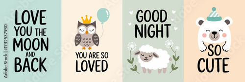 This image features adorable illustrations showcasing a cute owl, a playful sheep, and a polar bear with heartwarming phrases celebrating love and cuteness in a charming design.