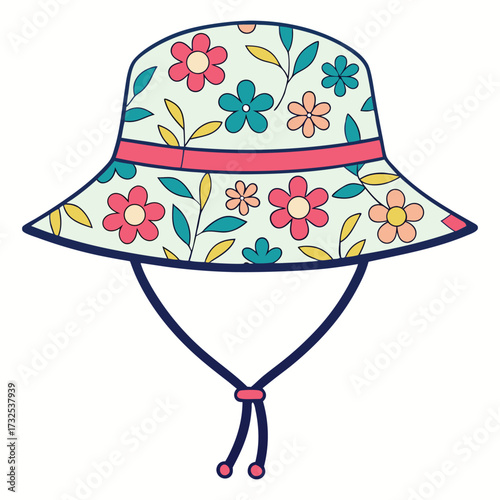 Floral sun hat with chin strap on white background