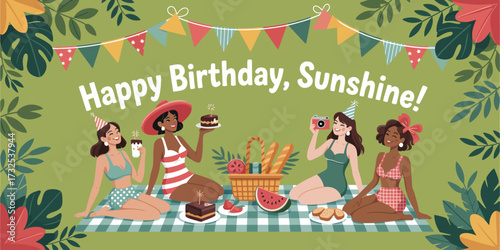 A fun and colorful birthday scene with friends enjoying snacks and drinks, decorated with festive items reflecting a bright and cheerful summer atmosphere.