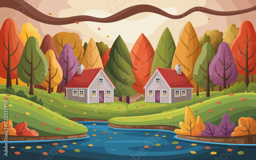 A picturesque autumn landscape showcasing two charming houses framed by vibrant trees, with a flowing river and colorful leaves creating a warm and inviting atmosphere.