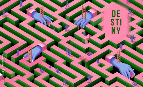 A whimsical maze scene captures large hands interacting with diminutive figures, highlighting themes of guidance, destiny, and the surreal nature of navigation in life.