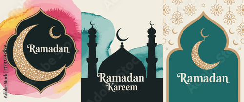 A beautifully crafted Ramadan greeting featuring a crescent moon and mosque silhouettes, blending vibrant colors and intricate design elements for a festive touch.