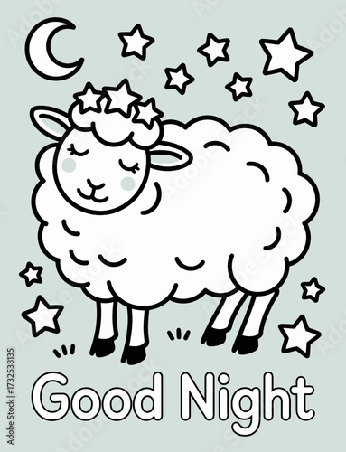 A charming illustration of a fluffy lamb resting on a cloud surrounded by stars, delivering a cheerful 'Good Night' message that resonates with innocence and joy.