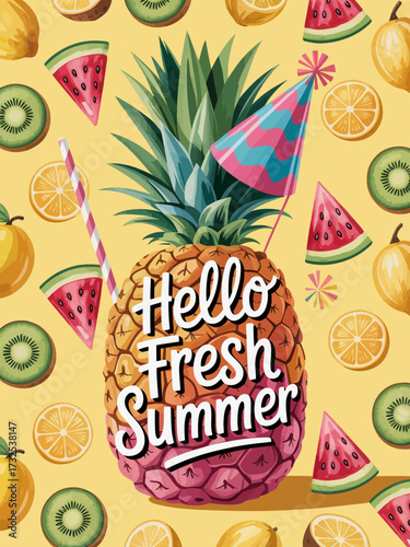 An engaging image of a pineapple with a party hat, surrounded by fruits, encapsulating the essence of fresh summer celebrations and cheerful vibes.