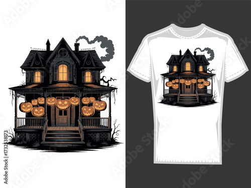 Haunted Vintage  house  with  pumpkins, Halloween t-shirt design