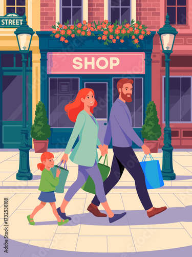 A cheerful family strolls together with shopping bags, enjoying a sunny day in a lively street featuring quaint shops and beautiful floral decorations enhancing the atmosphere.