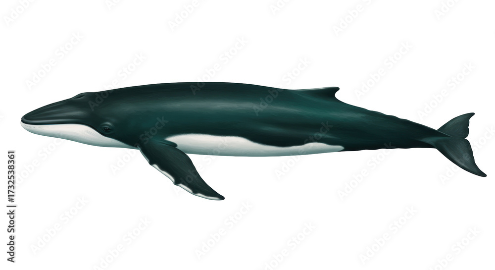 Obraz premium Minke whale PNG isolated on transparent background, baleen whale with dark gray back and white belly for marine life concepts