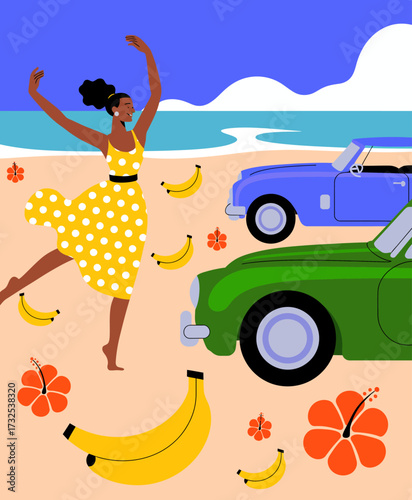 A joyful dancer twirls near classic vintage cars on the beach, embodying the carefree spirit of summer and the allure of coastal adventures with a vibrant backdrop.