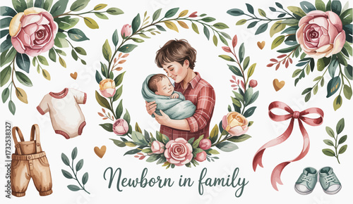 In a beautiful setting, a mother gently cradles her newborn baby in love, symbolizing warmth, nurturing, and joy in the growing family, framed by delicate floral elements.