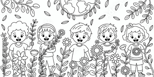 This heartwarming coloring page features a group of children smiling and holding flowers, symbolizing happiness, friendship, and the beauty of nature in a cheerful setting.