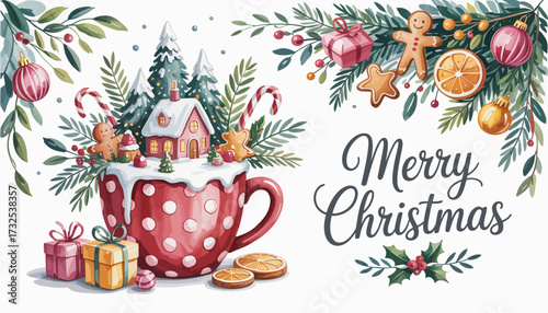 This enchanting digital art shows a snowy gingerbread house inside a festive cup, capturing the essence of Christmas celebrations with colorful ornaments and joyful decorations.