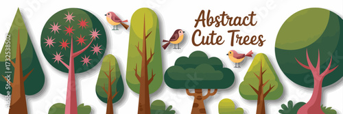 This delightful illustration showcases various abstract cute trees, combining playful elements and vibrant colors, highlighting nature’s beauty through a modern artistic lens.