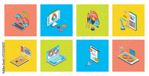 DevOps concept of 3d isometric icons set. Pack with agile development operation practice, products cycles with programming, creating and release stages, working organisation. Vector illustration.