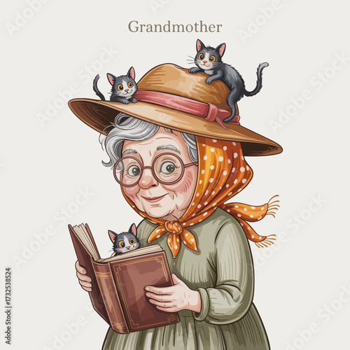 An endearing elderly grandmother, adorned with a vibrant hat and headscarf, lovingly holds a book while two playful cats sit on her head, creating a cozy atmosphere.
