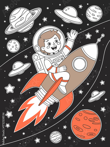 The image shows a jovial astronaut riding a rocket through a colorful cosmos, illustrating themes of adventure, imagination, and the limitless possibilities of space exploration.