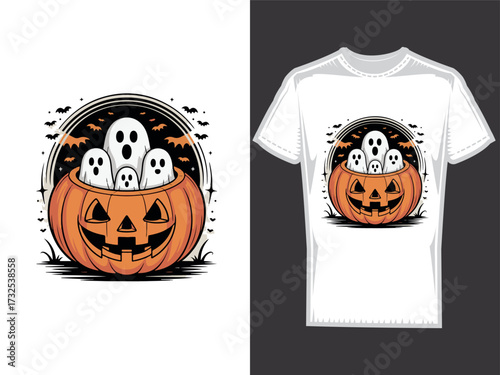 Ghost family sitting inside carved pumpkin, cute Halloween t-shirt art