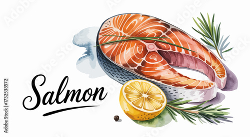 This artistic representation of a salmon slice with lemon and herbs emphasizes the elegance of food art, highlighting fresh ingredients for culinary inspiration.