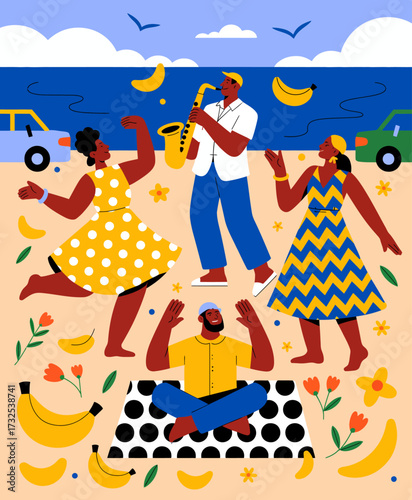 This cheerful beach scene features a saxophonist performing while friends dance joyfully around him, capturing the essence of camaraderie and fun during a summer celebration.