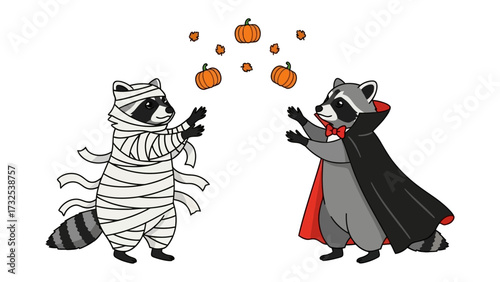 Halloween raccoons' performance: Charming Halloween Illustration featuring a raccoon dressed as a mummy alongside another raccoon in a vampire costume.