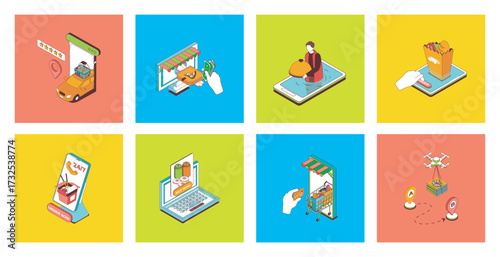 Food delivery concept of 3d isometric icons set. Pack with ordering online pizza or grocery menu, fast courier shipping service, eatery meals distribution, package transportation. Vector illustration.
