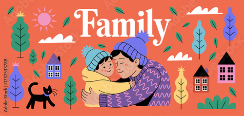 An engaging illustration showcasing a parent and child in a loving embrace surrounded by colorful trees, houses, and playful cats, embodying the essence of family joy.