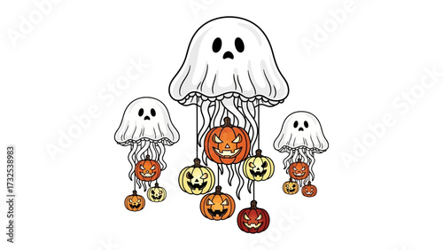 Halloween Fantasy: Whimsical ghosts and carved pumpkins come together in a playful, illustration style for Halloween celebration.