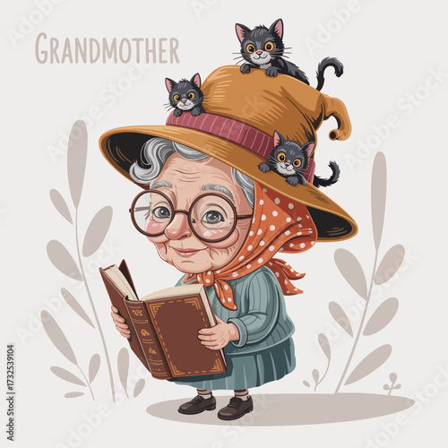 A sweet elderly woman with a distinct hat, showing a sense of whimsy, is focused on her book as several charming cats take playful poses around her, enhancing her lovable character.