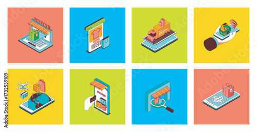 Online shopping concept of 3d isometric icons set. Pack with ordering new goods at store, doing internet purchasing with payments in app, using delivery service, tracking parcels. Vector illustration.