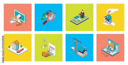 Real estate concept of 3d isometric icons set. Pack with searching new home, buying property with realtor agency, rents apartment, building houses business, mortgage for customer. Vector illustration.