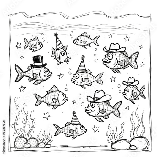 Whimsical fishbowl sketch with party hats and cowboy hats for charming children's book illustrations, perfect for lighthearted designs