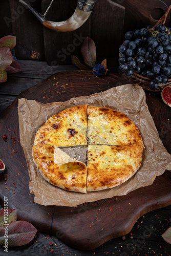 Meat Khachapuri – Georgian Bread with Savory Filling. Traditional Georgian Bread. Traditional Georgian cuisine styled with authentic atmosphere.