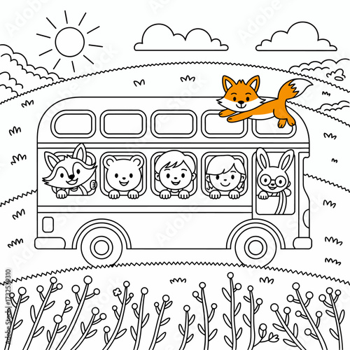 An adorable fox leads a colorful bus filled with animals, showcasing the essence of joy and friendship in a picturesque landscape under the bright sun.