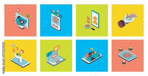 Social network concept of 3d isometric icons set. Pack with connecting and communicating online, chat with friends, commenting, likes and shares posts, sharing information links. Vector illustration.