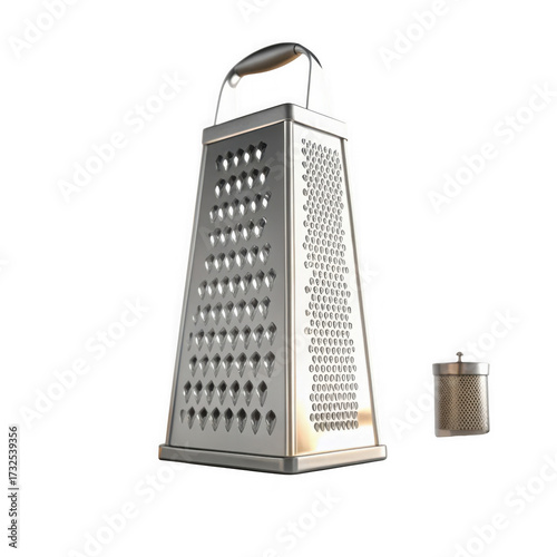 3d stainless steel box grater with handle isolated on transparent background