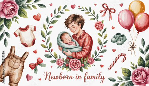 This charming digital artwork features a loving connection between a parent and their newborn, adorned with beautiful floral elements and baby accessories, radiating warmth.