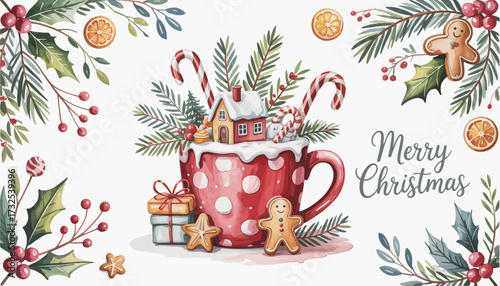 This delightful design features a festive cup brimming with gingerbread houses and decorations, perfect for capturing the essence of Christmas excitement and holiday warmth.