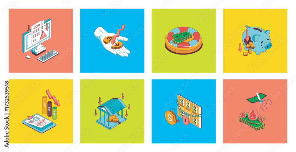 Fototapeta premium Unemployment and crisis concept of 3d isometric icons set. Pack with dismissal email to employee, financial problems and jobless, global economic recession and banking crash. Vector illustration.