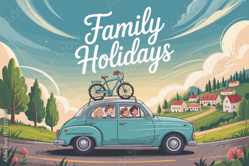 This vibrant image depicts a family enjoying their holiday road trip, with a bicycle on the roof, emphasizing connection, adventure, and the joy of family time.