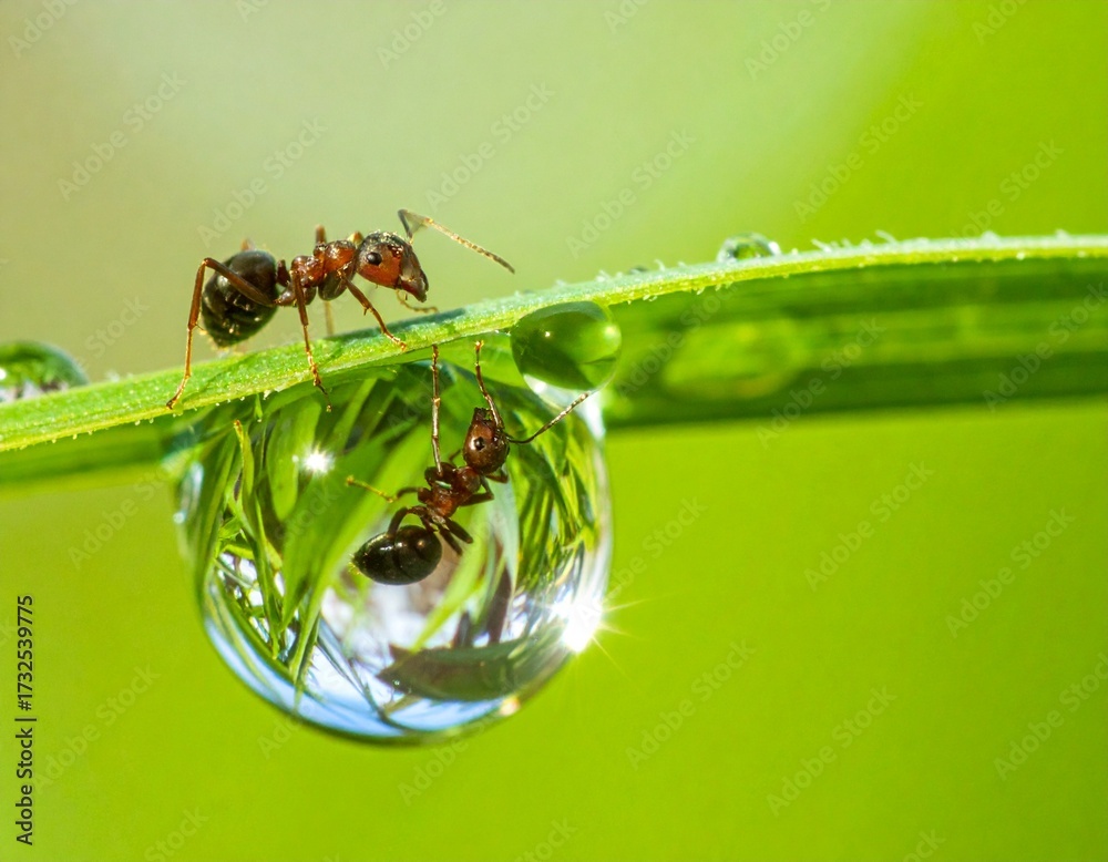Naklejka premium Ants in a Dewdrop: Two ants collaborate on a blade of grass, the scene reflected in a pristine dewdrop, capturing a world of tiny detail and symbiotic cooperation.