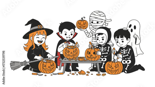 Halloween Carving Fun: A delightful cartoon illustration captures the spirited atmosphere of Halloween, depicting a group of costumed children happily carving pumpkins with playful enthusiasm.