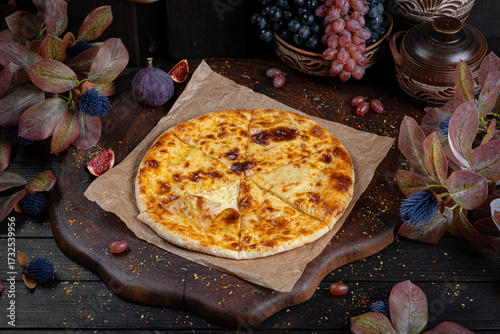 Potato and Cheese Khachapuri – Rustic Georgian Pie. Traditional Georgian Bread. Traditional Georgian cuisine styled with authentic atmosphere.