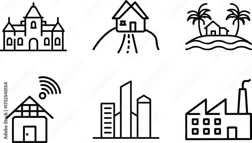 Obraz premium Set of 6 Minimal Line Icons of Houses, Buildings, and Architecture – Residential, Commercial, and Modern Real Estate Vector Illustrations on White Background