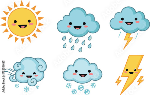 Cute Weather Icons: Sun, Rain, Snow, Lightning, Wind