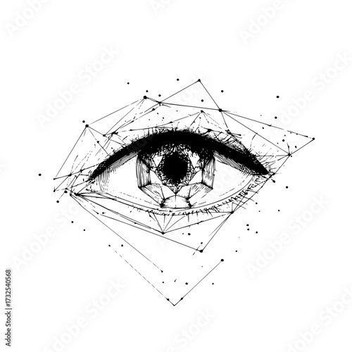 Geometric eye illustration with polygonal lines and dot patterns in black and white style art