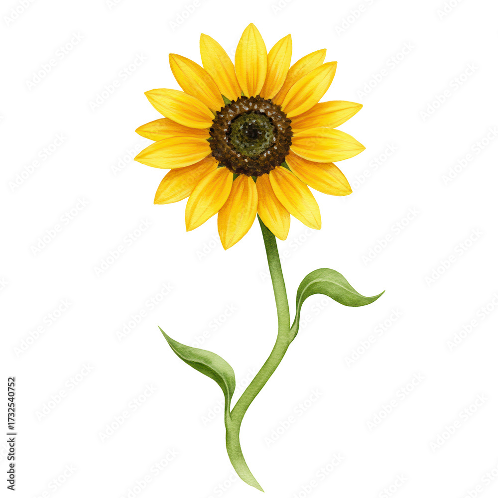 Naklejka premium Watercolor sunflower with detailed petals and green stem, isolated on white isolated on white background